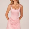 Rochie mini drapată cu șireturi Lia, în roz pudrat Rochie mini drapată cu șireturi Lia, în roz pudrat