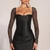 Rochie mini drapată cu mâneci lungi Clemmie, negru Rochie mini drapată cu mâneci lungi Clemmie, negru