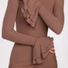 Rochie mini drapată cu mâneci lungi din modal cu nervuri Helena, culoare Mocha Rochie mini drapată cu mâneci lungi din modal cu nervuri Helena, culoare Mocha