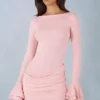 Rochie mini drapată cu mâneci lungi din modal cu nervuri Helena, în roz pudrat Rochie mini drapată cu mâneci lungi din modal cu nervuri Helena, în roz pudrat