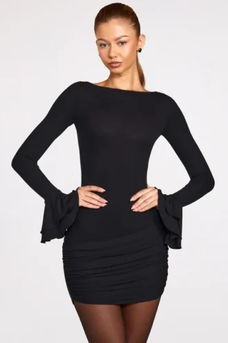 Rochie mini drapată cu mâneci lungi din modal cu nervuri Helena, negru