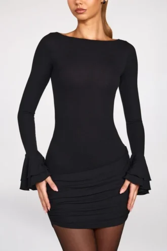 Rochie mini drapată cu mâneci lungi din modal cu nervuri Helena, negru