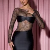 Rochie mini drapată cu mâneci lungi și inserții din dantelă Eliette, negru Rochie mini drapată cu mâneci lungi și inserții din dantelă Eliette, negru