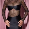 Rochie mini drapată cu mâneci lungi și inserții din dantelă Eliette, negru Rochie mini drapată cu mâneci lungi și inserții din dantelă Eliette, negru