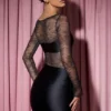 Rochie mini drapată cu mâneci lungi și inserții din dantelă Eliette, negru Rochie mini drapată cu mâneci lungi și inserții din dantelă Eliette, negru
