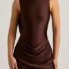 Rochie mini drapată cu spate decupat, în linie A, Monnie, în maro ciocolată Rochie mini drapată cu spate decupat, în linie A, Monnie, în maro ciocolată