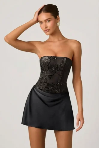 Rochie mini drapată, fără bretele, în linie A, cu ornamente, Eden, în negru