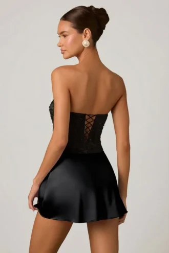 Rochie mini drapată, fără bretele, în linie A, cu ornamente, Eden, în negru