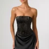 Rochie mini drapată, fără bretele, în linie A, cu ornamente, Eden, în negru Rochie mini drapată, fără bretele, în linie A, cu ornamente, Eden, în negru