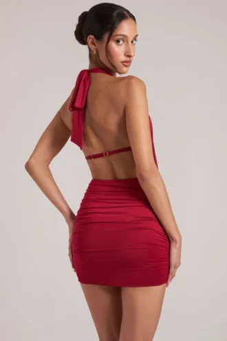 Rochie mini drapată Kael cu guler în roșu cireș