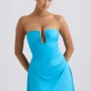 Rochie mini Efia din jersey elastic, cu drapaj și croi în A, în albastru aqua