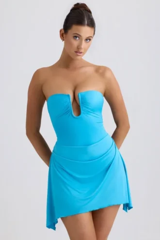 Rochie mini Efia din jersey elastic, cu drapaj și croi în A, în albastru aqua