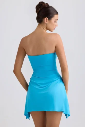 Rochie mini Efia din jersey elastic, cu drapaj și croi în A, în albastru aqua