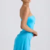 Rochie mini Efia din jersey elastic, cu drapaj și croi în A, în albastru aqua