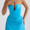 Rochie mini Efia din jersey elastic, cu drapaj și croi în A, în albastru aqua