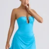 Rochie mini Efia din jersey elastic, cu drapaj și croi în A, în albastru aqua