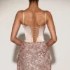Rochie mini Eira cu corset din satin și fustă decorată, în nuanța Rose Gold Rochie mini Eira cu corset din satin și fustă decorată, în nuanța Rose Gold