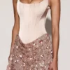 Rochie mini Eira cu corset din satin și fustă decorată, în nuanța Rose Gold Rochie mini Eira cu corset din satin și fustă decorată, în nuanța Rose Gold