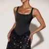 Rochie mini Eira din satin cu corset și fustă decorată, în negru și violet Rochie mini Eira din satin cu corset și fustă decorată, în negru și violet