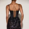 Rochie mini Eira din satin cu corset și fustă decorată, în negru și violet Rochie mini Eira din satin cu corset și fustă decorată, în negru și violet