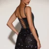 Rochie mini Eira din satin cu corset și fustă decorată, în negru și violet Rochie mini Eira din satin cu corset și fustă decorată, în negru și violet