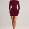 Rochie mini Eska din modal, cu guler barcă, drapată și mâneci lungi, în culoarea vinului