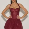 Rochie mini Felicity cu decolteu halter și tiv bufant, decorată, în culoarea roșu vin Rochie mini Felicity cu decolteu halter și tiv bufant, decorată, în culoarea roșu vin