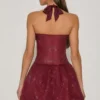 Rochie mini Felicity cu decolteu halter și tiv bufant, decorată, în culoarea roșu vin Rochie mini Felicity cu decolteu halter și tiv bufant, decorată, în culoarea roșu vin