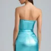 Rochie mini fără bretele cu centură din denim metalizat Simone, culoare Aqua