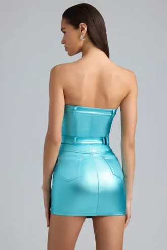 Rochie mini fără bretele cu centură din denim metalizat Simone, culoare Aqua Rochie mini fără bretele cu centură din denim metalizat Simone, culoare Aqua