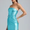 Rochie mini fără bretele cu centură din denim metalizat Simone, culoare Aqua