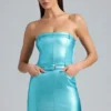 Rochie mini fără bretele cu centură din denim metalizat Simone, culoare Aqua