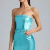 Rochie mini fără bretele cu centură din denim metalizat Simone, culoare Aqua