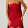 Rochie mini fără bretele, cu croi în A și detaliu eșarfă, model Camila, în roșu stacojiu