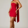 Rochie mini fără bretele, cu croi în A și detaliu eșarfă, model Camila, în roșu stacojiu
