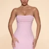 Rochie mini fără bretele cu guler cowl și decorațiuni Basel, culoare Blush