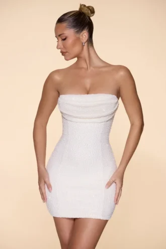 Rochie mini fără bretele cu guler cowl și ornamente Basel, culoare Ivory Rochie mini fără bretele cu guler cowl și ornamente Basel, culoare Ivory