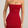 Rochie mini fără bretele, cu guler cowl și ornamente Basel, în roșu intens Rochie mini fără bretele, cu guler cowl și ornamente Basel, în roșu intens