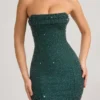 Rochie mini fără bretele, cu guler cowl și ornamente, Basel, în verde smarald Rochie mini fără bretele, cu guler cowl și ornamente, Basel, în verde smarald