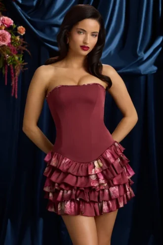 Rochie mini fără bretele, cu volane și corset, cu imprimeu floral maro Rochie mini fără bretele, cu volane și corset, cu imprimeu floral maro