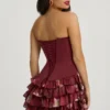 Rochie mini fără bretele, cu volane și corset, cu imprimeu floral maro Rochie mini fără bretele, cu volane și corset, cu imprimeu floral maro