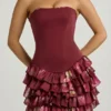 Rochie mini fără bretele, cu volane și corset, cu imprimeu floral maro Rochie mini fără bretele, cu volane și corset, cu imprimeu floral maro