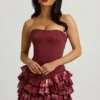 Rochie mini fără bretele, cu volane și corset, cu imprimeu floral maro Rochie mini fără bretele, cu volane și corset, cu imprimeu floral maro
