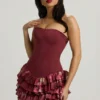 Rochie mini fără bretele, cu volane și corset, cu imprimeu floral maro Rochie mini fără bretele, cu volane și corset, cu imprimeu floral maro