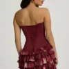 Rochie mini fără bretele, cu volane și corset, cu imprimeu floral maro Rochie mini fără bretele, cu volane și corset, cu imprimeu floral maro
