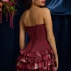 Rochie mini fără bretele, cu volane și corset, cu imprimeu floral maro Rochie mini fără bretele, cu volane și corset, cu imprimeu floral maro