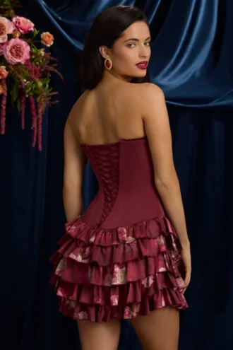 Rochie mini fără bretele, cu volane și corset, cu imprimeu floral maro Rochie mini fără bretele, cu volane și corset, cu imprimeu floral maro