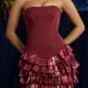 Rochie mini fără bretele, cu volane și corset, cu imprimeu floral maro Rochie mini fără bretele, cu volane și corset, cu imprimeu floral maro