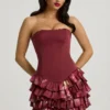 Rochie mini fără bretele, cu volane și corset, cu imprimeu floral maro Rochie mini fără bretele, cu volane și corset, cu imprimeu floral maro