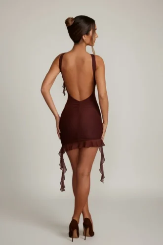 Rochie mini fără spate cu volane Iolanda, maro